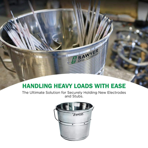 Stainless Steel Welding Rod Bucket With Partitioned Storage For Electrodes And Stubs, 4.5 Gallon Metal Pail in workshop