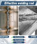 Comparison of ARCCAPTIAN welding rod with others, showing smooth, bubble-free welds; highlights effective rod usage.