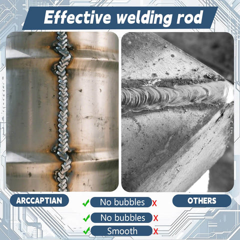 Comparison of ARCCAPTIAN welding rod with others, showing smooth, bubble-free welds; highlights effective rod usage.
