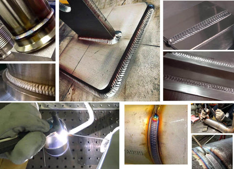 Images showing ER308L Stainless Steel TIG Welding Rods for 304L and 308L welds, demonstrating bead quality on various metal surfaces.