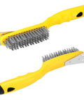 Stainless Steel Wire Brush 2 Pcs with Metal Scraper, 79 Bundles bristles, Plastic Contoured Handle, yellow design, dual angle view