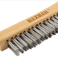 Close-up of heavy duty stainless steel wire brush with 14-inch beech handle for rust, paint removal, welding, and grill cleaning