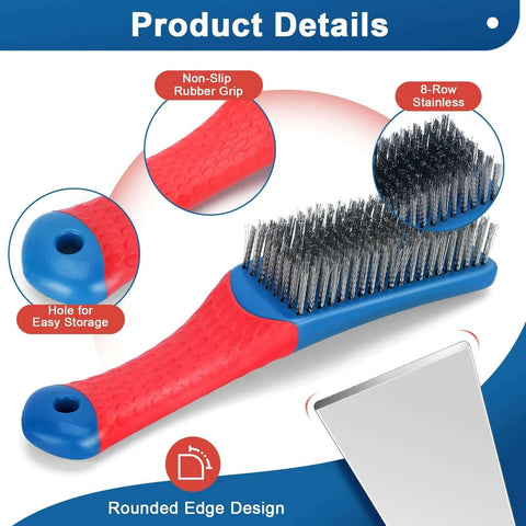 4-Pack Heavy Duty Wire Brush and Scraper Set, 3 Stainless Steel Scratch Brushes & 1 Metal Scraper, close-up of non-slip handle and bristles
