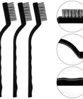 15 Pcs Mini Stainless Steel Wire Brush Set for Cleaning Welding Slag Rust, showing three curved handle brushes with wire bristles close-up