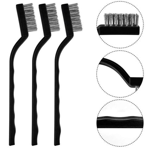 15 Pcs Mini Stainless Steel Wire Brush Set for Cleaning Welding Slag Rust, showing three curved handle brushes with wire bristles close-up