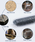 Stainless Steel Wire Brush Set 2Pcs with Strong Handle & Metal Scraper demonstrating cleaning tasks like rust, paint, and slag removal.
