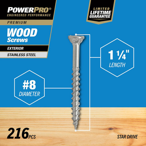 #8 x 1-1/4 Stainless Steel Wood Screws, Premium Marine Grade 305 Exterior Screws for Decking, 216 Pieces in Image