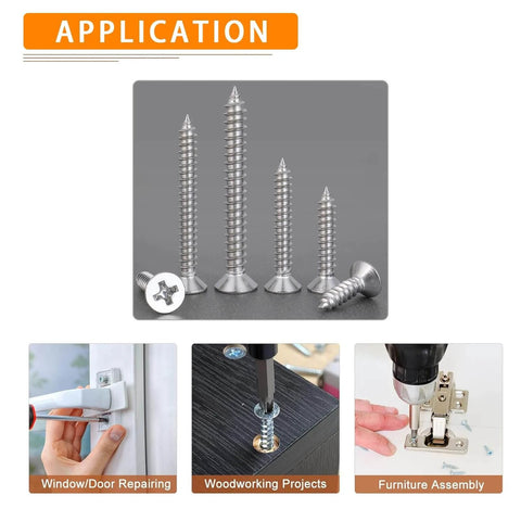 261pcs 304 Stainless Steel Wood Screws Assortment Kit with Phillips Flat Head Screws shown in wood, furniture assembly applications.