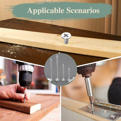 Various uses of 261pcs 304 Stainless Steel Wood Screws Assortment Kit for woodworking, furniture, and drywall projects.