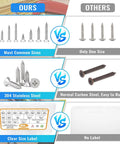 Comparison of 460 Pcs Stainless Steel Wood Screws Assortment Kit with 18 Sizes #4 #6 #8 #10 #12 Flat Head Self Tapping with Others.