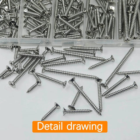 Close-up of 261pcs 304 Stainless Steel Wood Screws Assortment Kit with mixed sizes in storage box