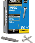 Box of #8 x 1-1/4 Stainless Steel Wood Screws, Premium Marine Grade 305, T20 Star Drive Bit, screws displayed nearby