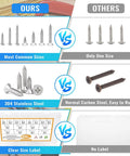 Comparison of 600 Pcs M3 M4 M5 M6 Stainless Steel Wood Screws Assortment Kit with 16 Sizes Featuring Round and Flat Head versus others.
