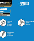Diagram showcasing features of #8 x 1-1/4 Stainless Steel Wood Screws, Premium Marine Grade 305 including T-25 star drive and countersinking blades.