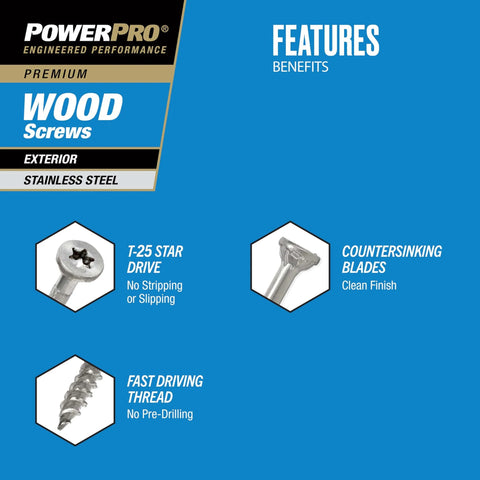 Diagram showcasing features of #8 x 1-1/4 Stainless Steel Wood Screws, Premium Marine Grade 305 including T-25 star drive and countersinking blades.
