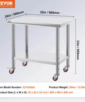 Heavy Duty Stainless Steel Work Table With Four Rolling Casters 36 By 24 Inches Commercial Kitchen Food Prep Station For Restaurant Use Easy To Clean Durable Silver.