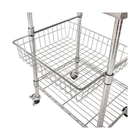 Close-up of Stainless Steel Commercial Work Table Island Prep Cart With 24 By 20 Inch Top, 36 Inch High, NSF Certified, Sliding Wire Basket And Shelf, Ideal For Restaurant Kitchen Cafeteria Warehouse Garage Home Use showing sliding wire basket.