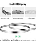 Stainless Steel Air Ducting Clamps Set Of 2, Adjustable 4/6/8/12 Inch Hose Clamps with worm drive, detail views of lock and design.