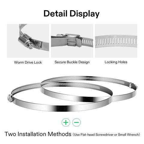 Stainless Steel Air Ducting Clamps Set Of 2, Adjustable 4/6/8/12 Inch Hose Clamps with worm drive, detail views of lock and design.