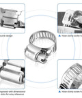 12 Pack 304 Stainless Steel SAE 24 Worm Gear Hose Clamps Adjustable From 1 And 1 Sixteenth Inch To 2 Inches Ideal For Automotive Marine Plumbing And Industrial Applications Corrosion Resistant Band Clamp Set featuring close-up of buckle design, hose clamp screw hole, and engraved dimensional data.