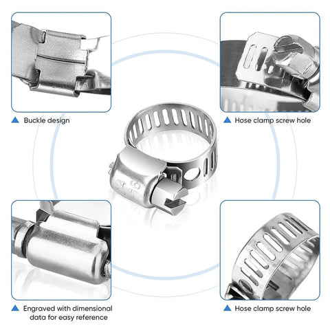 12 Pack 304 Stainless Steel SAE 24 Worm Gear Hose Clamps Adjustable From 1 And 1 Sixteenth Inch To 2 Inches Ideal For Automotive Marine Plumbing And Industrial Applications Corrosion Resistant Band Clamp Set featuring close-up of buckle design, hose clamp screw hole, and engraved dimensional data.
