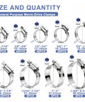 Size chart of 215 Piece 304 Stainless Steel Hose Clamp Kit One Quarter To Two And A Half Inches Worm Gear Clamps 6 To 63 Millimeters.