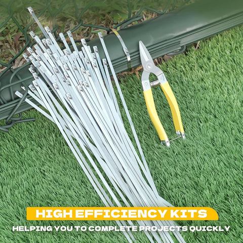 Heavy Duty Metal Zip Ties With Cutter For Outdoor Use UV Resistant Stainless Steel 11.8 Inch 50 Pack on grass with cutter tool