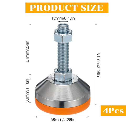 Tough As Nails M12 Thread Leveling Feet With 2.28 In Diameter Base Adjustable Swivel Levelers for precise furniture leveling, 4-pack sizing diagram