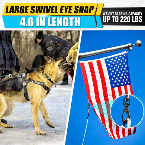 Two Pieces 4.6 Inch Stainless Steel Swivel Eye Snaps 220 Lbs Capacity Heavy Duty Flag Clips installed on dog harness and flagpole