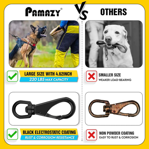 Comparison of Two Pieces 4.6 Inch Stainless Steel Swivel Eye Snaps and weaker clips showing load capacity and coating.