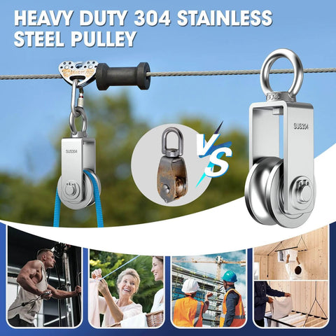 U Type Swivel Pulley Block, 304 Stainless Steel Pulleys for Wire Rope Cable Lifting, DIY Gym Equipment Part, Clothesline, Hoist - Waterproof Sturdy 360 Degree Rotating Wheel (34 mm, 4) in use outdoors