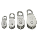 Four stainless steel rope pulleys of varying sizes, including a Single Swivel Lifting 0.3" Rope Pulley Roller Block Sheave 0.03 Ton(M20 Double).