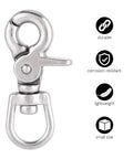 Close-up of polished stainless steel trigger swivel snap hook with loop, 65mm length for marine use