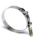 Side view of SLTC 375 Spring Loaded Stainless Steel T Bolt Clamp SAE 92 For 3.5 Inch ID Hose Polished Finish 1 Piece Fits 3.75 To 4.06 Inch Range