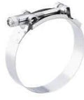 Front view of Standard T Bolt Clamp 7 To 7.31 Inch Effective Diameter Three Quarters Inch Wide 300 Series Stainless Band Plated Carbon Steel Bolt