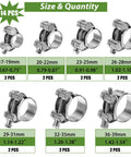 Image showing Stainless Steel T Bolt Hose Clamps Set Of 14 In Seven Sizes Ranging From 17 To 39 Mm, displayed by size.