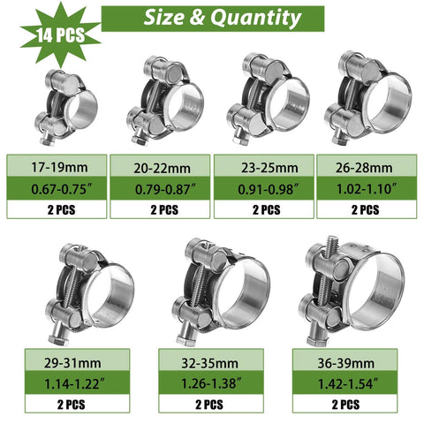 Image showing Stainless Steel T Bolt Hose Clamps Set Of 14 In Seven Sizes Ranging From 17 To 39 Mm, displayed by size.