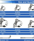 304 Stainless Steel T Bolt Hose Clamps Set 28 Piece Assortment Kit 17 To 35mm With Six Size Ranges shown with M8 and M10 wrenches