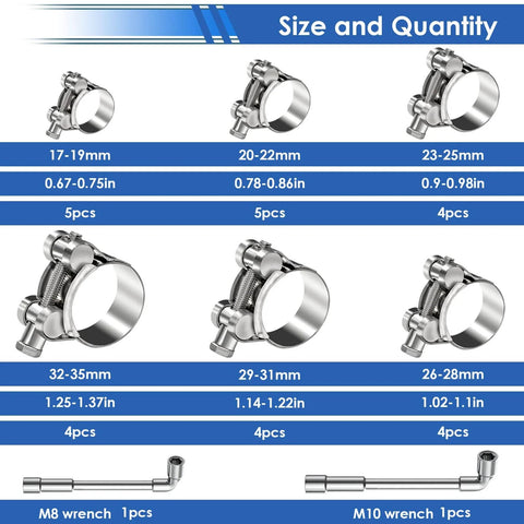 304 Stainless Steel T Bolt Hose Clamps Set 28 Piece Assortment Kit 17 To 35mm With Six Size Ranges shown with M8 and M10 wrenches