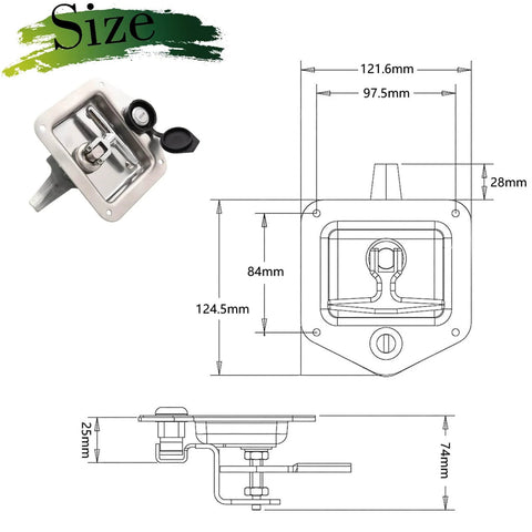T Handle Latch Replacement Kit Stainless Steel 2 Pack For Truck Tool Box Camper RV Trailer Doors With 4 Keys And 2 Gaskets Waterproof Seal Keyed Alike E45, shown with dimensions.