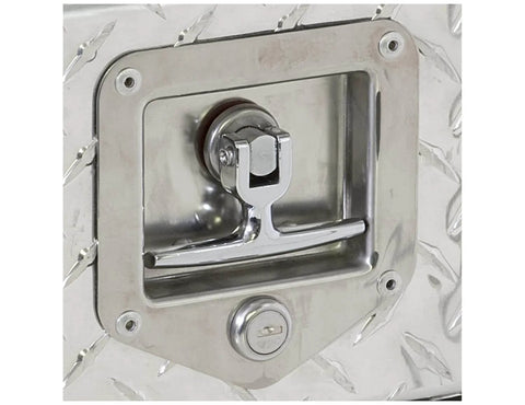 Locking single point latch with gasket for truck tool boxes, trailer doors, RVs and campers; corrosion-resistant stainless steel