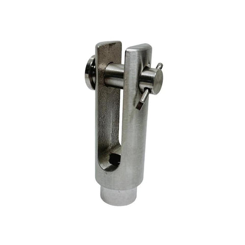 Close-up of Stainless T316 Right Hand Threaded Yoke End Three Eighths Inch 4 Pack 1200 Lbs, showing right-hand thread and pin.
