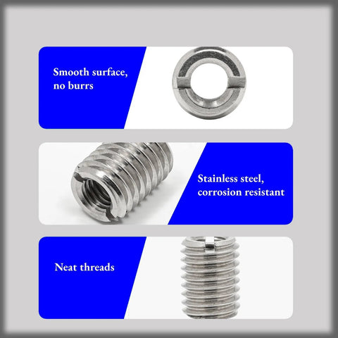 Close-up of stainless steel thread inserts with smooth surface and neat threads, part of Thread Repair Kit 41 Piece Insert Assortment For M2 Through M14 Stainless Steel Thread Inserts With Storage Box And Nut Repair For Aluminum And Low Strength Materials Ideal For Restoring Damaged Threads And Extending Component Life.