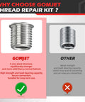 Comparison of GOMJET stainless steel insert with standard insert, highlighting benefits for M10x1.0 Metric Thread Repair Kit use.