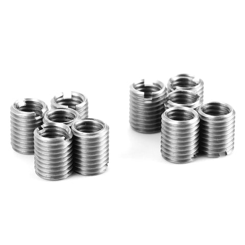 Close-up of stainless steel insert nuts from the Stainless Steel Thread Repair Tool Kit with 10 Insert Nuts M8 x 1.25 and M10 x 1.25 threads.