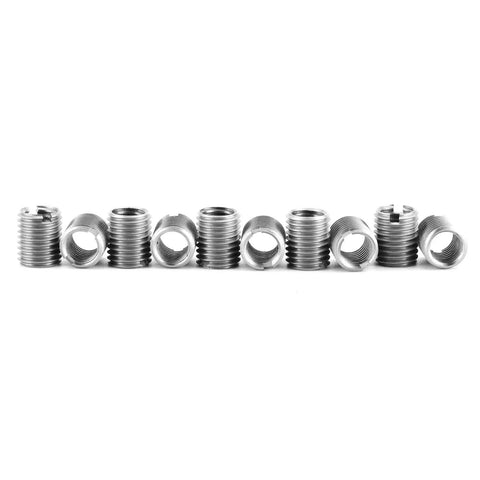 Stainless Steel Thread Repair Tool Kit With 10 Insert Nuts M8 X 1.25 Female Threads And M10 X 1.25 Male Threads, displayed lined up.