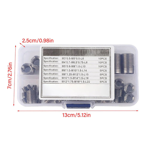 50 Pcs Threaded Inserts Set Self Tapping Stainless Steel Inner Thread For Plastic And Soft Materials With Storage Box Includes M3 M4 M5 M6 M8 M10 M12 M14 M16 in a clear plastic box