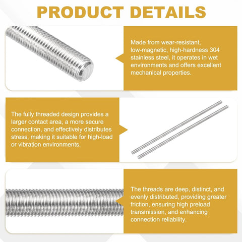 Two pack M10 x 1.25 stainless threaded rods, 300 mm long, 304 stainless steel, fully threaded for strong, corrosion resistant fasteners