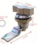 Sturdy stainless steel thumb operated offset cam lock delivers durable, keyless security for RV compartments, cabinets, doors and mailboxes; easy knob turn enables quick, tool free access in a two pack shown in dimensions with 1.5 inch knob, 2.2 inch cam, 0.5 inch threaded section.