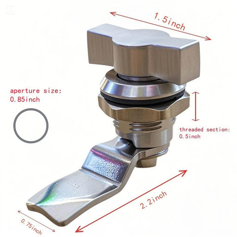 Sturdy stainless steel thumb operated offset cam lock delivers durable, keyless security for RV compartments, cabinets, doors and mailboxes; easy knob turn enables quick, tool free access in a two pack shown in dimensions with 1.5 inch knob, 2.2 inch cam, 0.5 inch threaded section.